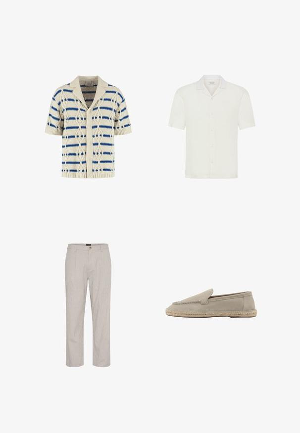 Cardigan à manches courtes en maille crème avec rayures horizontales bleues, motif losange en maille torsadée, poignets, col et devant boutonné côtelés.; Chemise blanche à manches courtes avec boutons et col style camp, présentée sur un fond blanc uni.; Pantalons rayés gris clair, coupe droite, avec une fermeture à bouton unique à la taille et deux poches avant. Texture lisse.; Mocassin beige en daim à enfiler avec semelle en jute tressée, détails cousus le long des bordures supérieures, talon plat et bout rond.
