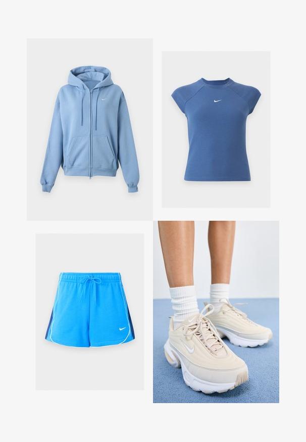 Svetlomodrá mikina na zips s prednými vreckami, nastaviteľnou kapucňou so šnúrkou, rebrovanými manžetami a malým bielym logom Nike na hrudi.; Modrý krátky rukáv rebrovaný pletený top s okrúhlym výstrihom a bielym logom Nike swoosh v strede na hrudníku.; Modré športové šortky s bielymi lemami na okrajoch, tmavomodré bočné panely, elastický pás, šnúrka a malé biele logo Nike vpredu.; Béžové športové topánky s textúrovaným zvrškom, bielymi šnúrkami a hrubou bielou podrážkou. Dizajn obsahuje jemné krivky a malé logo.