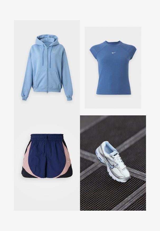 Svetlomodrá mikina na zips s prednými vreckami, nastaviteľnou kapucňou so šnúrkou, rebrovanými manžetami a malým bielym logom Nike na hrudi.; Modrý krátky rukáv rebrovaný pletený top s okrúhlym výstrihom a bielym logom Nike swoosh v strede na hrudníku.; Športové šortky Nike s elastickým pásom, s námorníckymi, ružovými a čiernymi panelmi. Vyrobené z ľahkej, textúrovanej látky.; Biele sieťové atletické topánky so striebornými akcentmi, svetlomodrým prešívaním a čiernym logom swoosh. Majú vystužený golier a textúrovanú podrážku.