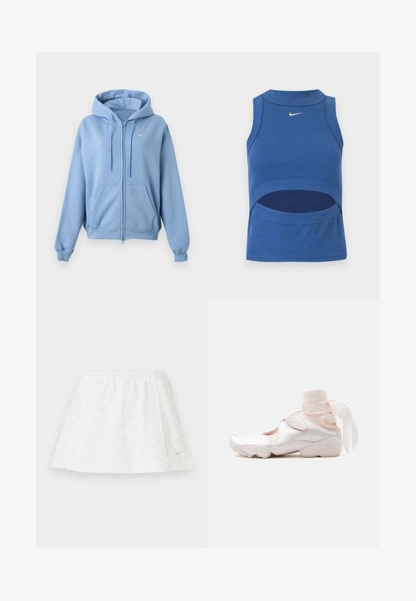 Svetlomodrá mikina na zips s prednými vreckami, nastaviteľnou kapucňou so šnúrkou, rebrovanými manžetami a malým bielym logom Nike na hrudi.; Modrý bezrukávový crop top Nike s vysokým golierom a výrezom na bruchu, rebrovaná látka a biely logo Swoosh vpredu v strede.; Biely športový sukňový odev vyrobený z mäkkej a textúrovanej tkaniny, s elastickým pásom a malým zlatým logom Nike na leme.; Biele a bledo ružové tenisky s mäkkým látkovým obalom okolo členku zviazaným do mašle, disponujú nastaviteľným remienkom a zaoblenou podrážkou.