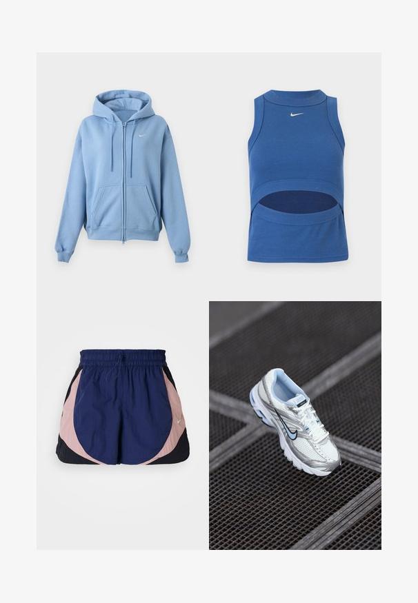helehall sinise lukuga dressipluus esikülje taskute, reguleeritava nööriga kapuutsi, soonikkoes varrukate ja väikse valge Nike logoga rinnal.; Sinine varrukateta Nike lühike top kõrge kaelusega ja kõhu lõikega, soonikkoega, valge Swooshi logoga ees keskel.; Nike spordilühikesed püksid elastse vöökohtaga, millel on tumesinine, roosa ja must paneel. Valmistatud kergest tekstuuriga kangast.; Valge võrkmaterjalist sportlik king, millel on hõbedased aktsendid, helesinine õmblus ja must swoosh logo. Omab pehmendustega krae ja tekstuurset tallat.