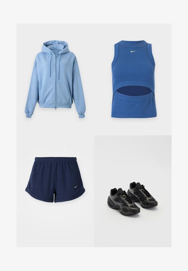 Sweat à capuche zippé bleu clair avec poches avant, capuche réglable avec cordon, poignets côtelés et petit logo Nike blanc sur la poitrine.; Crop top Nike bleu sans manches avec col montant et découpe au niveau du ventre, tissu côtelé, et logo Swoosh blanc au centre devant.; Shorts de sport en bleu marine, côtelés, avec une taille élastique, ornés d'un petit logo Nike blanc sur le bas. Tissu à texture douce.; Chaussures de sport noires en matériau synthétique, avec des accents en mesh et des semelles arrondies. Équipées d'un système de laçage et d'un logo Nike bien visible sur la languette.