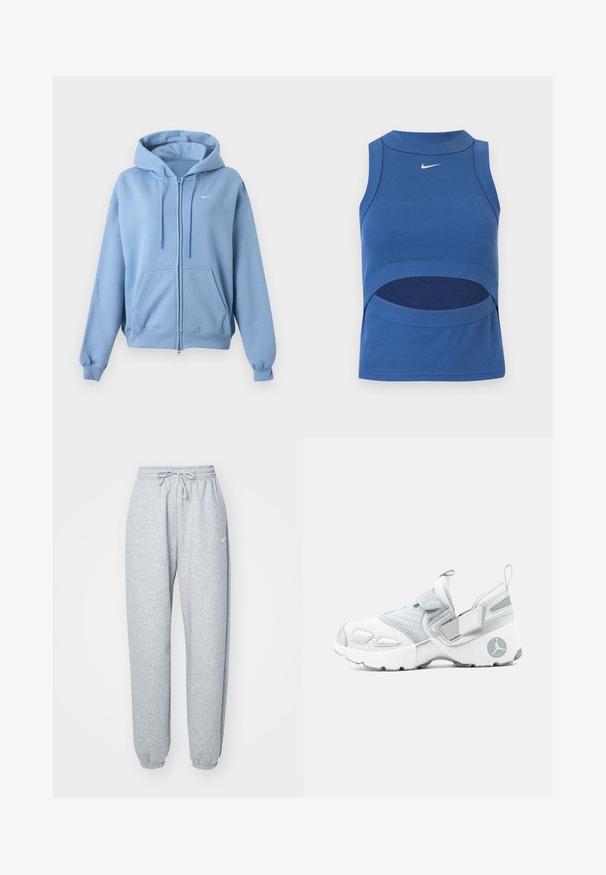 helehall sinise lukuga dressipluus esikülje taskute, reguleeritava nööriga kapuutsi, soonikkoes varrukate ja väikse valge Nike logoga rinnal.; Sinine varrukateta Nike lühike top kõrge kaelusega ja kõhu lõikega, soonikkoega, valge Swooshi logoga ees keskel.; Heledad hallhalli pehmete puuvillasegistusega, millel on elastne vöökoht ja nöör, kitsenevad sääred ja ribakudumisega mansetid. Minim blown kaubamärgi detail.; Valge ja hall vabaajajalats, mis on spordijalats stiilis ning millel on võrkmaterjal, tikitud kangas, reguleeritavad rihmad ja kontsas ringikujuline logo.