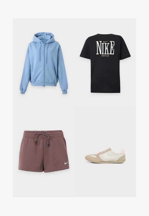 Sweat à capuche zippé bleu clair avec poches avant, capuche réglable avec cordon, poignets côtelés et petit logo Nike blanc sur la poitrine.; T-shirt noir à manches courtes Nike avec un grand texte blanc "NIKE", un petit swoosh doré Nike au-dessus et le texte "SPORTS CLUB" sous le logo.; Shorts Nike marron avec taille élastique et cordon de serrage, arborant un petit logo Nike blanc sur la jambe gauche.; Baskets profil bas beige et blanc avec des accents et lacets roses, avec un grand logo swoosh blanc sur le côté.