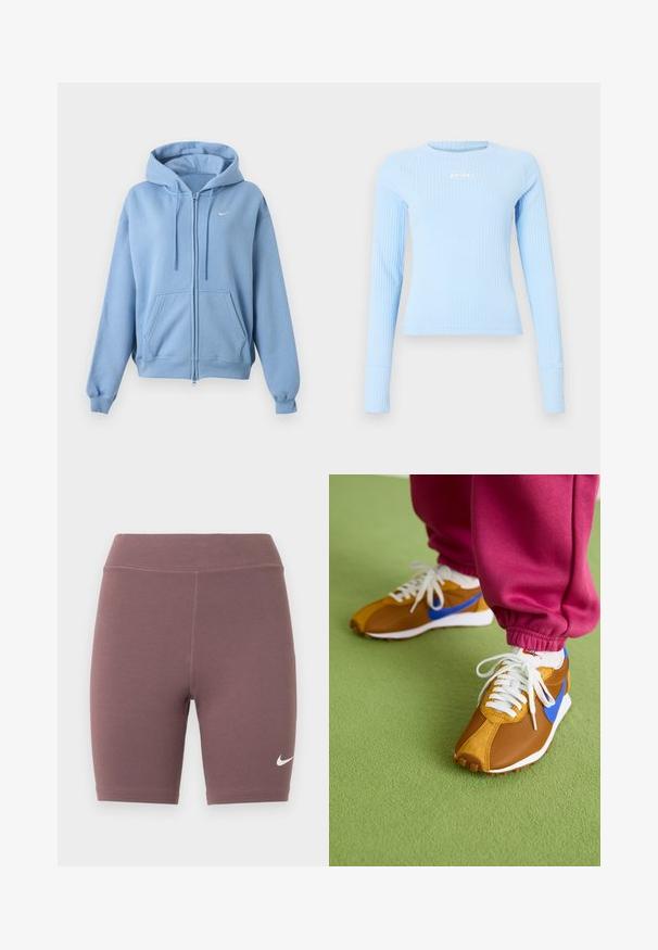 Lichtblauwe hoodie met rits, voorzakken, verstelbare capuchon met trekkoord, geribde manchetten en een klein wit Nike-logo op de borst.; Lichtblauw geribbeld langarm shirt met een aansluitende pasvorm, ronde hals en klein wit "jordan" logo op de borst.; Fietsbroekjes in een gedempte mauve kleur, gemaakt van rekbare stof. Heeft een hoge tailleband en een klein wit Nike Swoosh-logo.; Bruine en blauwe sneakers gemaakt van een mix van mesh en suede materialen, voorzien van witte veters en een getextureerde bruine zool, gepositioneerd op een groene vloer.