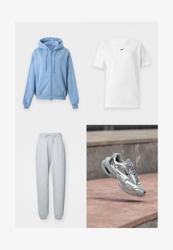 helehall sinise lukuga dressipluus esikülje taskute, reguleeritava nööriga kapuutsi, soonikkoes varrukate ja väikse valge Nike logoga rinnal.; Valge lühikeste varrukatega ümarakaelusega T-särk, millel on väike must Nike Swoosh logo krae lähedal keskel.; Heledad hallhalli pehmete puuvillasegistusega, millel on elastne vöökoht ja nöör, kitsenevad sääred ja ribakudumisega mansetid. Minim blown kaubamärgi detail.; Hõbedane ja hall Nike Air toss musta Swooshiga, mis hõljub roosaka betoonpinna ja kivist serva taustal.