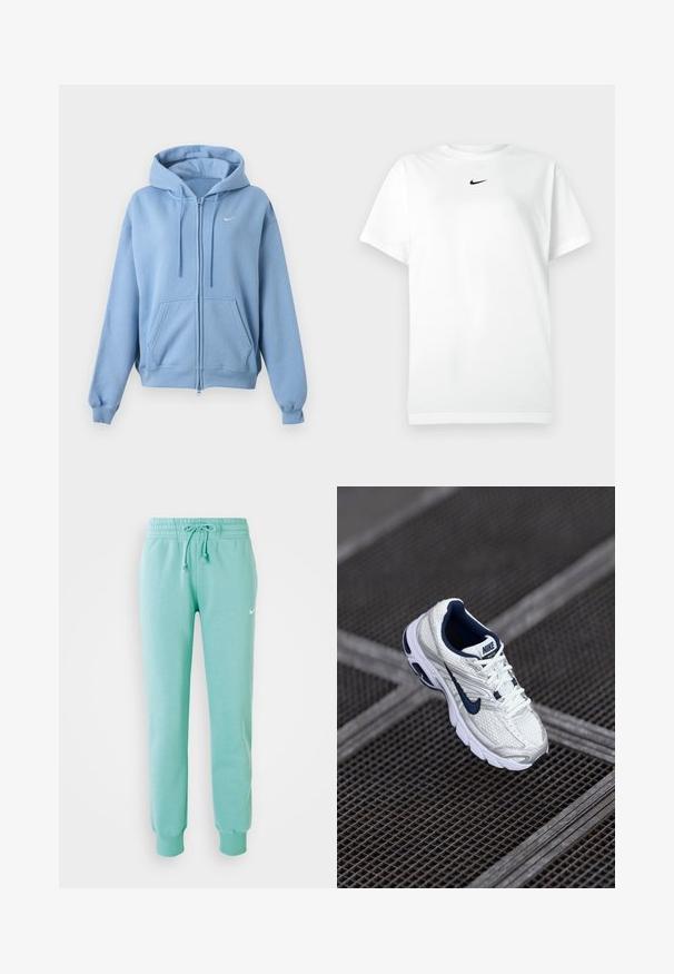 Lyseblå hættetrøje med lynlås, forlommer, justerbar snøre i hætten, ribstrikkede manchetter og et lille hvidt Nike-logo på brystet.; Hvid kortærmet T-shirt med rund hals, prydet med et lille sort Nike swoosh-logo centreret under halsudskæringen.; Mintgrønne sweatpants med elastisk talje, snoretræk og ribstrikkede manchetter. Har et lille hvidt Nike-logo på venstre lår.; Nike løbesko i hvid og marineblå med en struktureret mesh-overdel, polstret sål og et karakteristisk logo langs siden.
