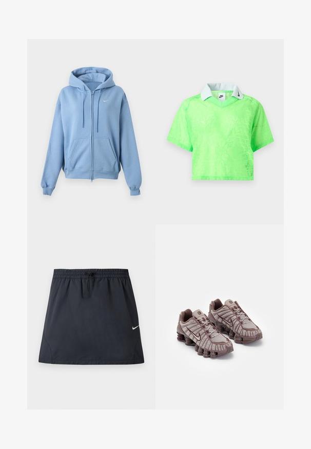 Hellblauer ZIP-Hoodie mit Fronttaschen, verstellbarer Kordelzugkapuze, gerippten Bündchen und kleinem weißen Nike-Logo auf der Brust.; Neon-grünes Crop-Top mit kurzen Ärmeln und dezentem Muster, weißem Kragen und schwarzem Nike-Swoosh-Logo am Kragen und im Innenschild.; Schwarzer sportlicher Rock mit elastischem Bund und verstellbarem Kordelzug, mit kleinem weißem Nike-Swoosh-Logo auf der rechten Seite.; Nike Sportswear SHOX TL - Sneaker low - pumice/night maroon/plum eclipse