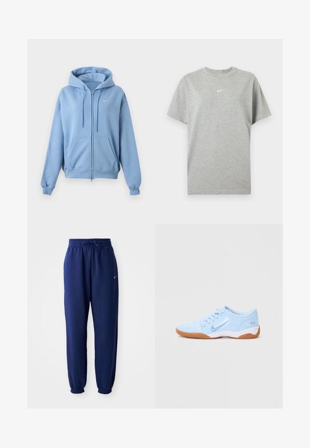 Svetlomodrá mikina na zips s prednými vreckami, nastaviteľnou kapucňou so šnúrkou, rebrovanými manžetami a malým bielym logom Nike na hrudi.; Šedé bavlnené tričko s krátkym rukávom, okrúhlym výstrihom a malým bielym logom Nike swoosh v strede na hrudi.; Námornícke modré tepláky vyrobené z jemného materiálu s elastickým pásom na šnúrku, elastickými manžetami a malým bielym logom.; Svetlomodrá športová obuv s hladkým syntetickým zvrškom, textúrovanými akcentmi a gumovou podrážkou. Obsahuje logo na boku.