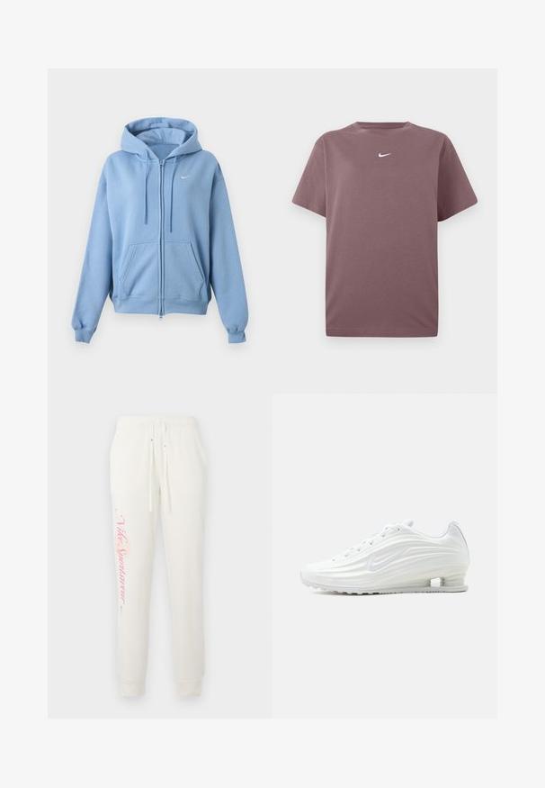 Sweat à capuche zippé bleu clair avec poches avant, capuche réglable avec cordon, poignets côtelés et petit logo Nike blanc sur la poitrine.; T-shirt à col rond mauve uni à manches courtes avec un petit logo Nike blanc centré sur la poitrine, présenté sur un fond blanc.; Pantalon de survêtement blanc avec une coupe fuselée, arborant un logo "Nike Sportswear" rose sur la jambe gauche et une taille élastique avec cordons de serrage.; Chaussure de sport Nike blanche avec des motifs ondulés texturés et un coussin d'air visible dans la semelle, vue de côté sur un fond neutre.