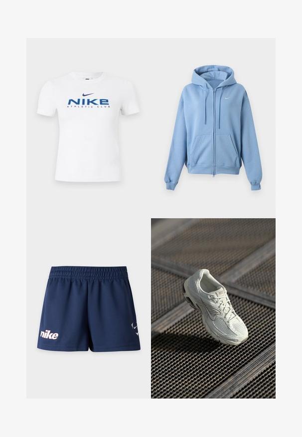 Gaiši zili sporta džemperi ar rāvējslēdzēju, priekšējiem kabatām, regulējamu kapuci ar auklu, ribotām aprocēm un nelielu baltu Nike logotipu krūtīs.; Balta Nike īsroku T-krekls ar zilu tekstu "NIKE ATHLETIC CLUB" un tumši zilu Nike swoosh logotipu priekšpusē centrā.; Tumši zilas Nike sporta šorti ar elastīgu vidukļa jostu un baltu Nike logo uz kreisās kājas uz balta fona.; Baltas Nike skriešanas apavs ar sietu un sintētisku augšdaļu, kas atpūšas uz metāla režģa grīdas maigu dabisku gaismu.