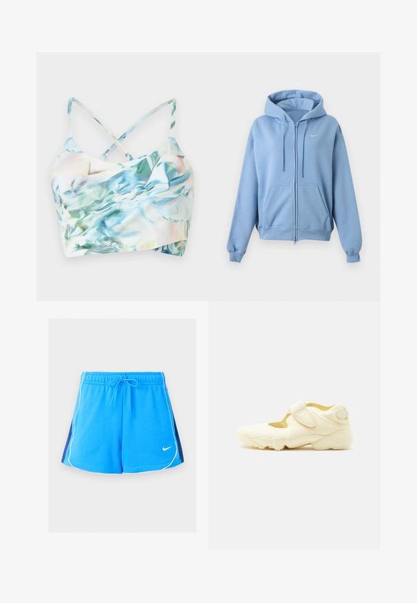 Lichtblauwe hoodie met rits, voorzakken, verstelbare capuchon met trekkoord, geribde manchetten en een klein wit Nike-logo op de borst.; Voorkant van een cropped bikini top in meerkleurige, iriserende stof met kruisbandjes, met een golvend patroon in tinten blauw en groen.; Blauwe sportshorts met witte biezen langs de randen, donkerblauwe zijpanelen, elastische tailleband, trekkoord en een klein wit Nike-logo aan de voorkant.; Beige sportschoen met dikke zool, uitsnijdingen en twee verstelbare klittenbandsluitingen op een witte achtergrond.