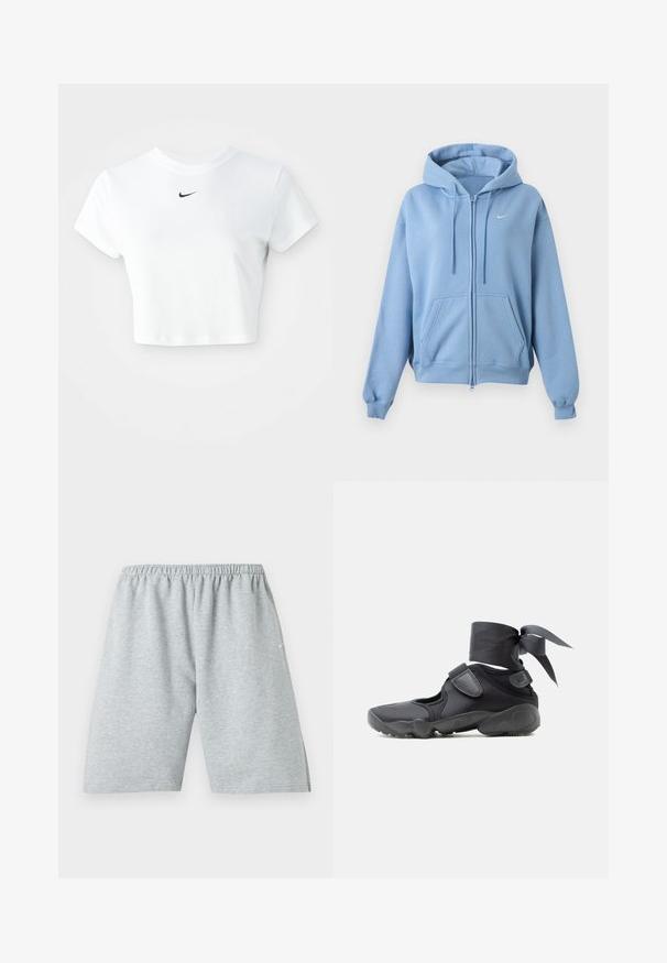 Lichtblauwe hoodie met rits, voorzakken, verstelbare capuchon met trekkoord, geribde manchetten en een klein wit Nike-logo op de borst.; Witte cropped T-shirt van katoen, met korte mouwen en een ronde halslijn, voorzien van een zwart Nike-logo op de borst.; Lichtgrijze atletische shorts tot over de knie met elastische tailleband en klein wit logo op het linkerbeen.; Zwarte sportieve schoen met uitsparingen, klittenbandsluitingen en een enkellint dat in een strik is vastgemaakt, zijaanzicht op een witte achtergrond.
