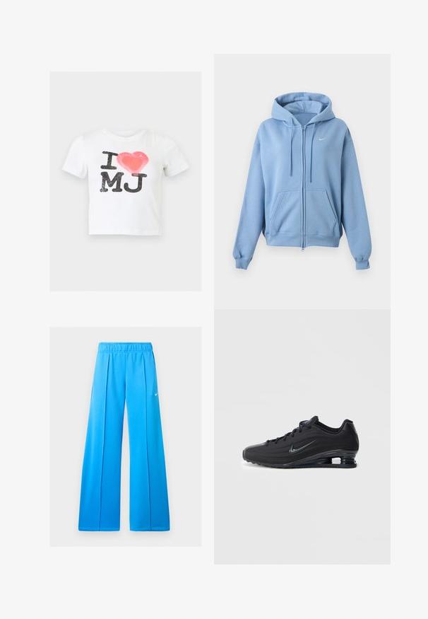 Sweat à capuche zippé bleu clair avec poches avant, capuche réglable avec cordon, poignets côtelés et petit logo Nike blanc sur la poitrine.; Chemise blanche à manches courtes avec les lettres noires "I" et "MJ" et un cœur rouge entre elles sur le devant.; Pantalon de sport bleu vif à jambes larges avec taille élastique et petit logo blanc Nike swoosh sur la cuisse droite.; Baskets Nike noires avec une tige texturée, arborant un design élégant, une fermeture à lacets, et une unité d'air visible au talon. Accent de marque minimaliste.
