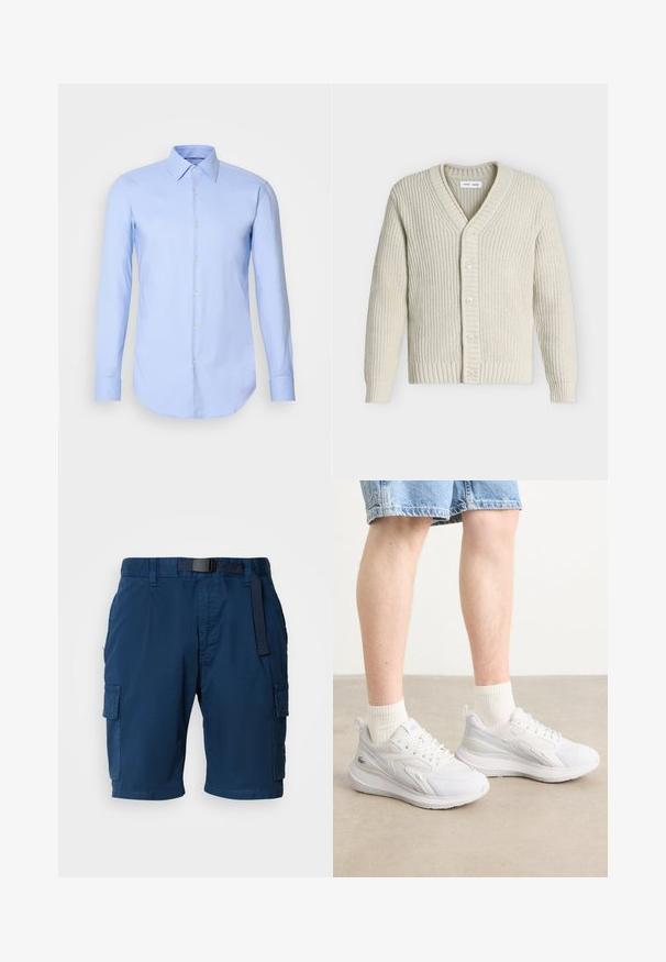 Off-white chunky gebreide cardigan met V-hals, geribde boorden en zoom, en een voorzak met vijf knopen.; Lichtblauw shirt met lange mouwen van katoen, met een knoopsluiting aan de voorkant, kraag en afgeronde zoom. Gladde textuur zonder patronen.; Marineblauwe cargoshorts van lichtgewicht stof, met een verstelbare taille, zijzakken en een subtiele textuur.; Witte sport sneakers met textiel en gladde accenten, voorzien van een gevoerde zool en vetersluiting. Klassieke, minimalistische stijl.