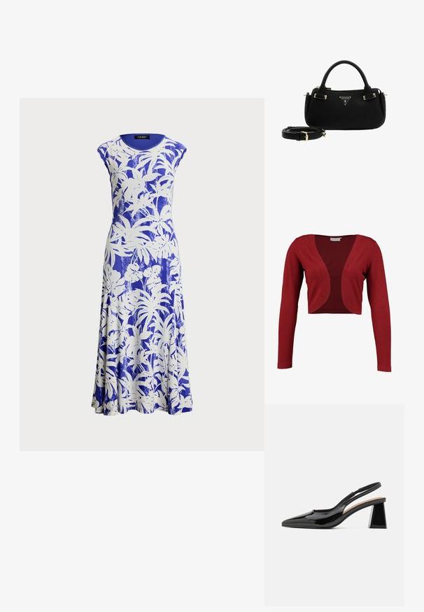 Kaffe ASTRID BOLERO - Vest - haute red; Mouwloze blauwe jurk met witte tropische bladerenprint, ronde halslijn en vloeiende A-lijn silhouet, gemaakt van een gladde, lichte stof.; Zwarte gepatineerde slingback hakken met een spitse neus, voorzien van een unieke geometrische blokhak en een gladde textuur. Verstelbare band voor ondersteuning.; Zwarte handtas gemaakt van gestructureerd kunstleer, voorzien van goudkleurige hardware, een driehoekig logo en een afneembare schouderriem.