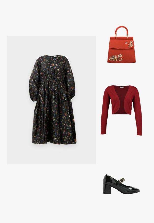 Kaffe ASTRID BOLERO - Gilet - haute red; Robe noire à motifs floraux avec manches longues, taille froncée et jupe à volants. Présente un motif floral coloré et une texture de tissu lisse.; Chaussure Mary Jane en cuir verni noir avec un petit talon bloc et une bride à boucle dorée sur fond blanc.; Sac à main en daim rouge avec une forme structurée, doté d'une poignée supérieure et de ferrures dorées. Designs floraux et d'oiseaux brodés à l'avant.