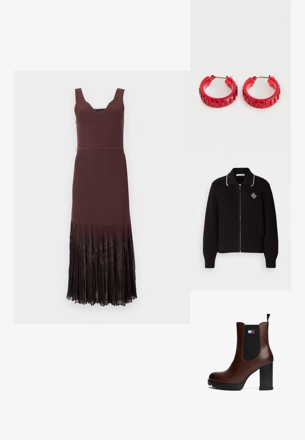 Veste noire tricotée avec texture côtelée, fermeture éclair, col crème contrastant et petit détail de logo sur la poitrine.; Robe sans manches en maille marron foncé avec un col en V et un ourlet en chiffon plissé s’étendant du milieu de la cuisse jusqu’à la cheville.; Bottine à talon en cuir marron avec des panneaux latéraux élastiques noirs, bout carré et semelle à relief ; présente un patch logo de marque.; Une paire de petites boucles d'oreilles en forme de hoop rouges avec des détails rectangulaires facettés et des fermoirs en métal argenté sur un fond blanc.