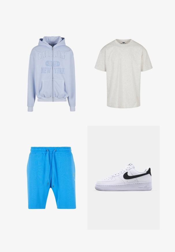 Sudadera con capucha azul claro con cremallera, texto "KARL KANI 89 NEW YORK", bolsillos delanteros, dobladillo elástico y capucha.; Camiseta de algodón gris claro con mangas cortas, cuello redondo y un ajuste relajado. Tejido texturizado con un sutil patrón jaspeado.; Pantalones cortos de algodón azul con una cinturilla elástica, cierre de cordón y un sutil detalle gráfico en el lado. Textura suave y corte holgado.; Zapatilla blanca de cuero con un Swoosh negro texturizado, cordones planos y una suela de goma con un patrón estriado. "AIR" está grabado en el talón.