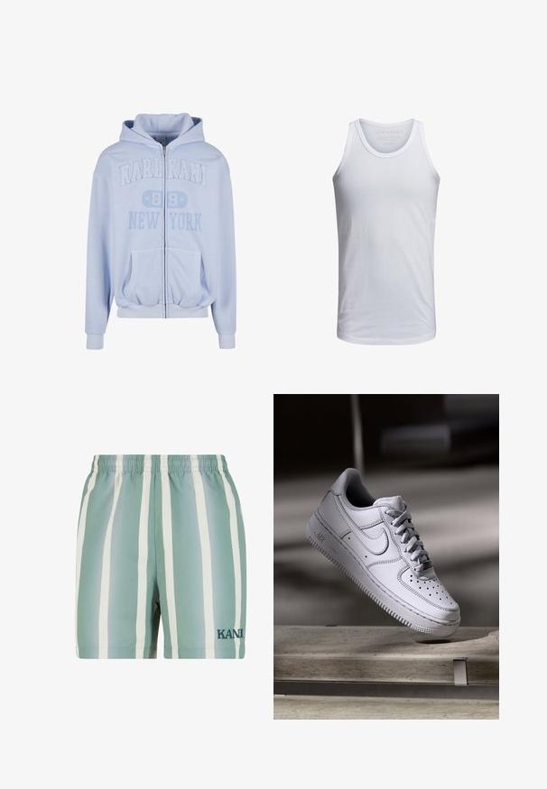 Lyseblå lynlåshættetrøje med teksten "KARL KANI 89 NEW YORK", forlommer, elastisk kant og hætte.; Hvid bomulds tank top med rund halsudskæring, brede skulderstropper og minimal branding trykt indeni kraven. Blød tekstur, afslappet pasform.; Mintgrønne badshorts med hvide lodrette striber. Har elastisk talje og broderet 'KANI' logo i mørkegrøn. Glat tekstur.; Hvid læder Nike Air Force 1 sneaker med perforeret tå, flade snørebånd og tekstureret gummisål med "AIR" branding på siden.