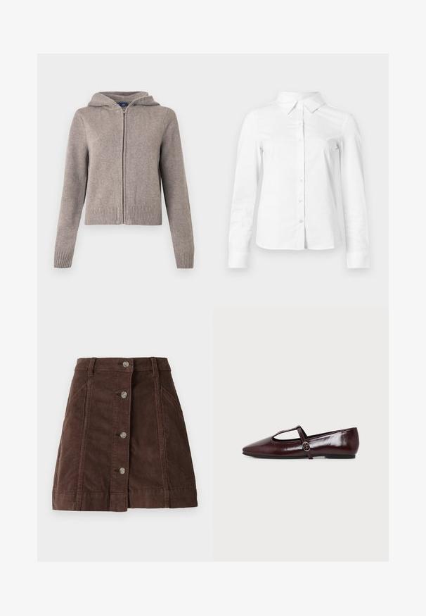 Sweat à capuche gris en maille avec poignets et ourlet côtelés, doté d'une fermeture éclair frontale et d'une finition texturée, conçu pour un usage décontracté.; Chemise blanche à manches longues avec boutons, col pointu, ourlet droit et silhouette ajustée, présentée sur un fond clair uni.; Jupe A-line en velours côtelé marron avec fermeture à boutons sur le devant et poches latérales, dotée de passants de ceinture et de détails de coutures verticales.; Chaussure plate en cuir bordeaux foncé avec un bout pointu et une fine bride en T avec une boucle argentée sur fond blanc.