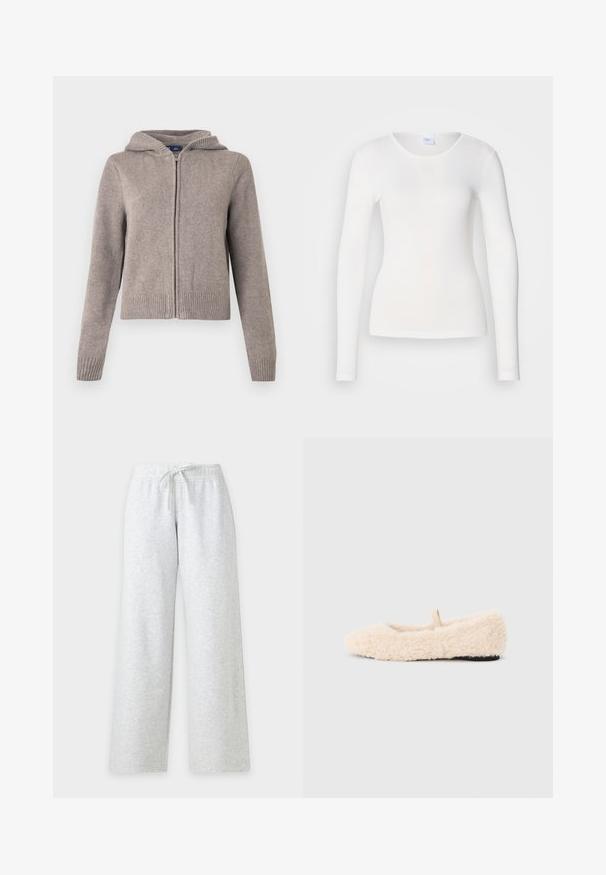 Grijze gebreide hoodie met geribbelde manchetten en zoom, voorzien van een rits aan de voorkant en een gestructureerde afwerking, ontworpen voor casual gebruik.; Witte lange mouwen shirt gemaakt van een zachte, gladde stof; heeft een ronde halslijn en een aansluitende vorm, zonder patronen of versieringen.; Lichtgrijze joggingbroek met trekkoord in de taille, elastische band en wijde pijpen, getoond tegen een effen witte achtergrond.; Pluizig, crèmekleurig slipper met een zachte textuur, ronde neus, minimalistisch ontwerp en een klein stoffen lusje aan de achterkant voor gemakkelijk aan- en uittrekken.