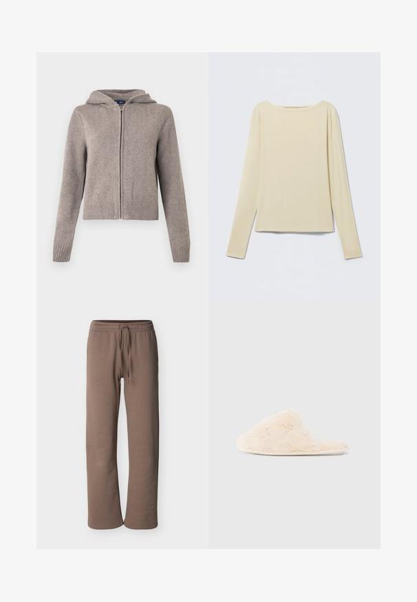 Sweat à capuche gris en maille avec poignets et ourlet côtelés, doté d'une fermeture éclair frontale et d'une finition texturée, conçu pour un usage décontracté.; Haut beige à manches longues et cintré avec un col bateau, présenté à plat sur un fond clair.; Pantalon de survêtement à taille élastique marron avec cordon de serrage, jambes droites et coupe décontractée, présenté sur un fond clair uni.; Pantoufle floue de couleur crème avec une texture douce, design à bout ouvert et subtils accents brodés sur le dessus.