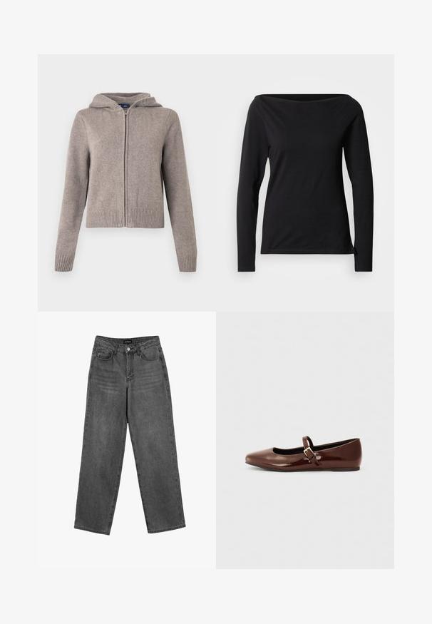 Grijze gebreide hoodie met geribbelde manchetten en zoom, voorzien van een rits aan de voorkant en een gestructureerde afwerking, ontworpen voor casual gebruik.; Zwarte top met lange mouwen en een brede boothals, gemaakt van glad, rekbaar materiaal, met een aansluitende pasvorm en minimalistisch ontwerp.; Zwarte high-waisted straight-leg jeans met een knoop aan de voorkant en zakken, weergegeven op een witte achtergrond.; Bruine gepatineerde leren balletschoen met een vierkante neus en een bandje met een kleine gouden gesp. Gladde textuur, lage hak en minimalistisch ontwerp.