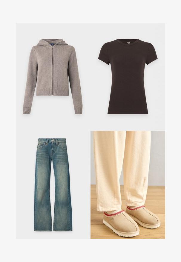 Sweat à capuche gris en maille avec poignets et ourlet côtelés, doté d'une fermeture éclair frontale et d'une finition texturée, conçu pour un usage décontracté.; T-shirt noir à manches courtes, ajusté, à col rond, avec logo GAP à l'intérieur du col, sur un fond clair.; Jean en denim bleu à lavage délavé, taille haute, jambes larges, bouton et fermeture éclair devant, cinq poches, présenté sur un fond uni.; Pieds portant des chaussons beiges avec une bordure rouge et un pantalon crème debout sur un sol en bois.