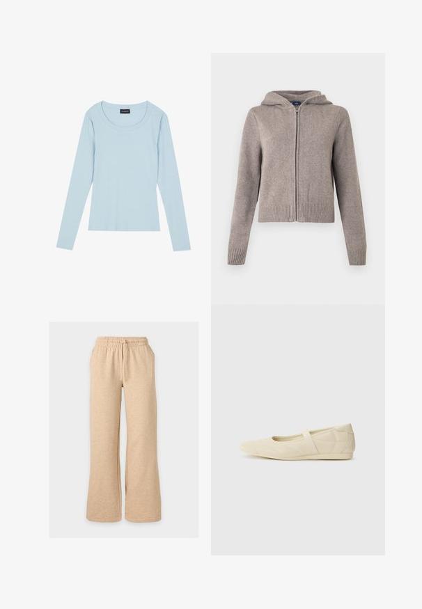 Grijze gebreide hoodie met geribbelde manchetten en zoom, voorzien van een rits aan de voorkant en een gestructureerde afwerking, ontworpen voor casual gebruik.; Lichtblauw, lang mouw ribbed top met een ronde halslijn en een aansluitend ontwerp. Zachte textuur met een subtiel patroon dat verticaal loopt.; Beige sweatpants met wijde pijpen, elastische tailleband en trekkoord, gemaakt van zachte stof, getoond op een effen lichte achtergrond.; Beige ballerina's met een gladde leren buitenkant, amandelvormige punt en elastische band over de wreef, met subtiele stiksels.