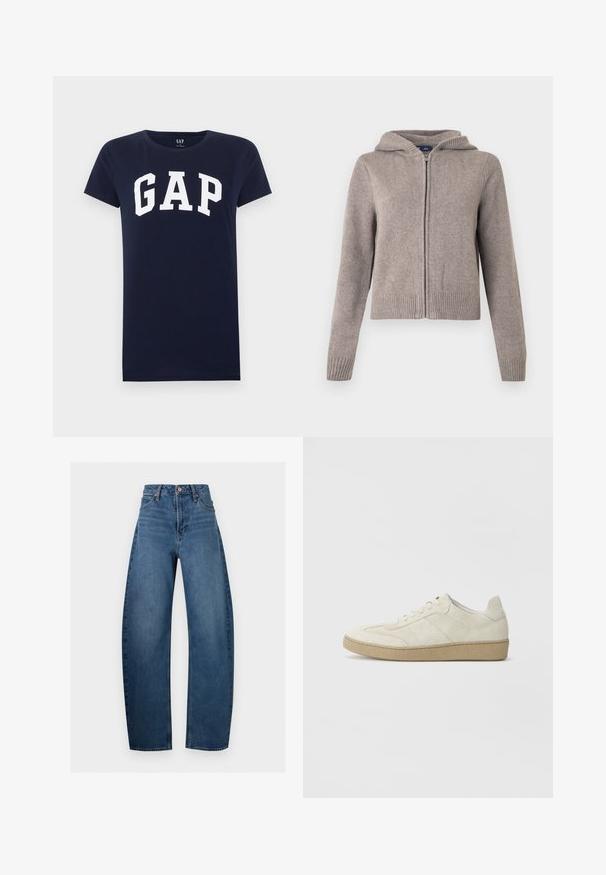 Sweat à capuche gris en maille avec poignets et ourlet côtelés, doté d'une fermeture éclair frontale et d'une finition texturée, conçu pour un usage décontracté.; T-shirt bleu marine à manches courtes avec logo GAP blanc imprimé sur la poitrine, col rond et coupe régulière.; Jean bleu taille haute, coupe droite, avec poches avant, fermeture à boutons et coutures classiques en denim sur fond uni.; Baskets en daim beige avec un design texturé, semelle en caoutchouc plate et couture latérale distincte. Bout arrondi et col rembourré.