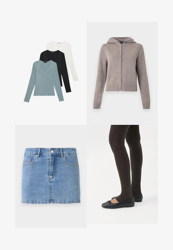 Sudadera con capucha gris de punto con puños y dobladillo acanalados, con cremallera frontal y acabado texturizado, diseñada para uso casual.; Tres camisetas de manga larga en azul claro, negro y blanco. El diseño presenta un cuello redondo y una textura de tela suave y ligera.; Falda vaquera azul claro con botones frontales, cremallera, trabillas para cinturón y diseño de cinco bolsillos sobre un fondo liso.; Piernas con leggings oscuros acanalados combinados con bailarinas negras que presentan pequeños detalles de lazo sobre un fondo blanco.