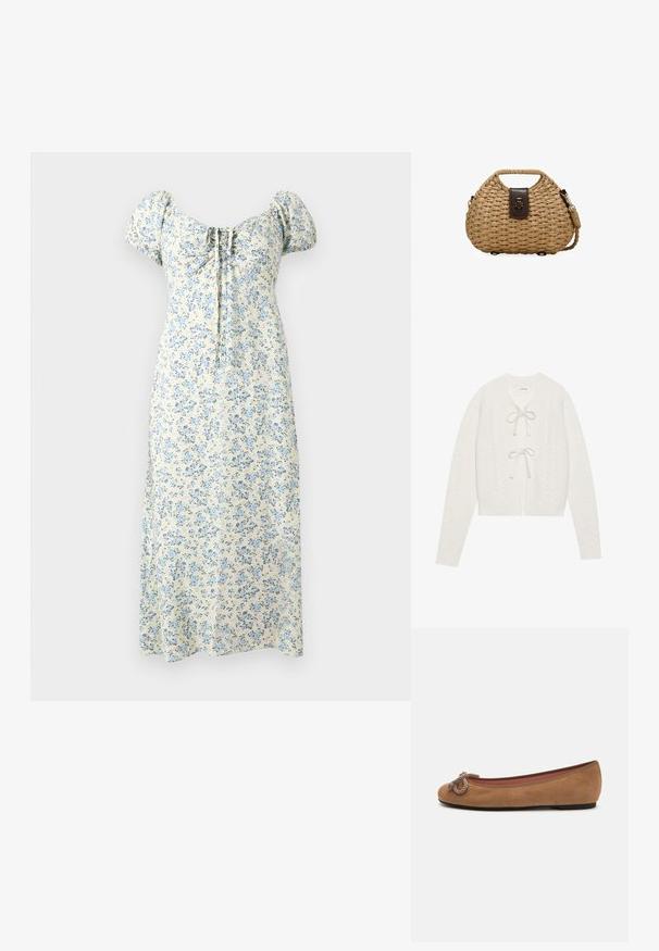 Cárdigan recortado color crema con textura de punto de cable, que presenta un cierre atado envolvente y mangas largas. Material suave y tejido.; Vestido midi color crema con estampado floral azul, mangas abullonadas, escote cuadrado fruncido y detalle de lazo delantero.; Bailarinas de ante marrón con punta redonda, que presentan un nudo decorativo de cuerda en la parte delantera y una suela plana.; Bolso de paja trenzada con forma redondeada, asa integrada corta, cierre de cuero oscuro y correa de hombro trenzada desmontable.
