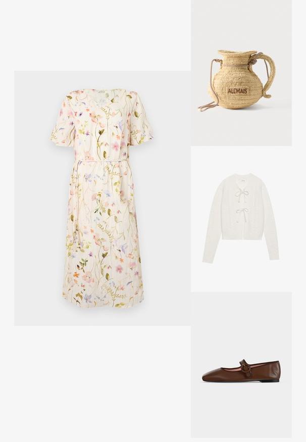 Cremefarvet kort cardigan med kabelstrikstruktur, der har en indviklet båndlukning og lange ærmer. Blødt, strikket materiale.; Blomstret kjole med korte ærmer, lys beige stof med flerfarvede blomster mønstre, taljebind, knælangt design.; Brun flad Mary Jane-sko i læder med rund spænde og sort sål på en lysegrå baggrund.; Rund flettet stråtaske med håndtag af reb og "ALEMAIS" broderet på siden med brunt garn.