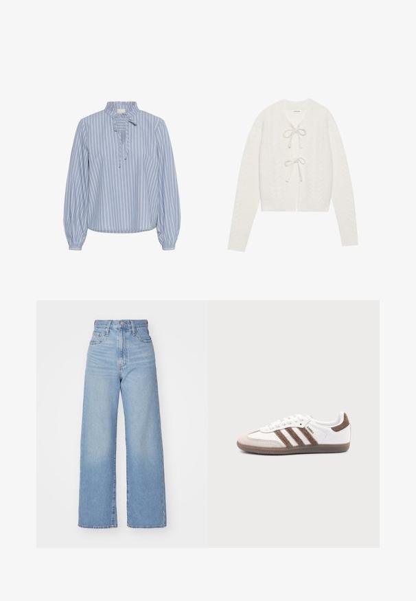 Cárdigan recortado color crema con textura de punto de cable, que presenta un cierre atado envolvente y mangas largas. Material suave y tejido.; Kaffe KAMILINA - Blusa - windward blue melange stripe; Jeans de tiro alto y pernera ancha en azul claro, con cierre frontal de botón y cremallera, y bolsillos delantero y trasero, sobre un fondo blanco.; Zapatilla blanca Adidas Samba con franjas de ante marrón, suela de goma marrón y puntera de ante beige, vista desde el lado exterior sobre un fondo liso.