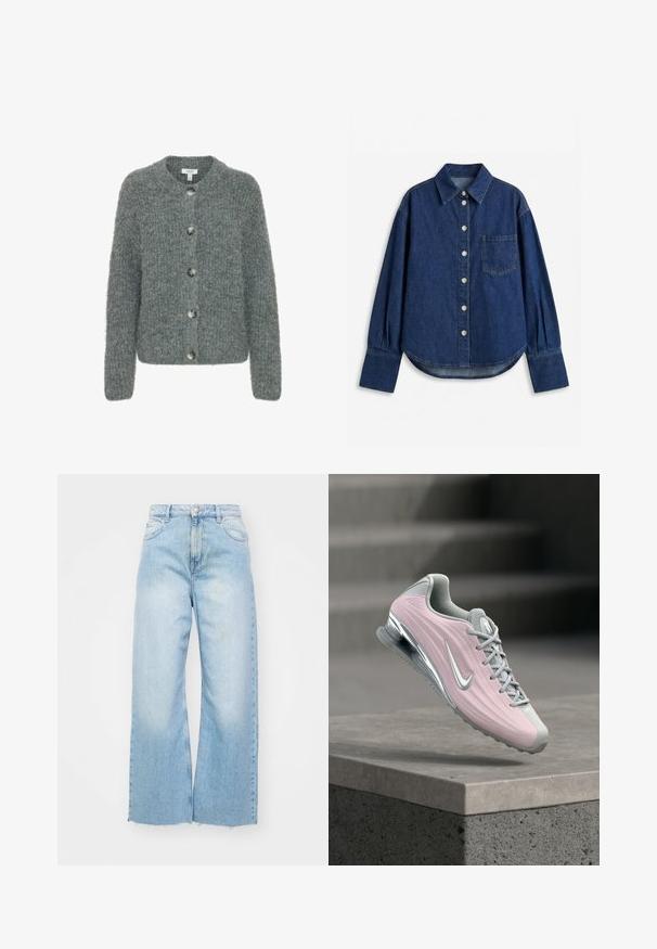 Grå strikket cardigan med rund halsudskæring, fem knapper, lange ærmer og en struktureret overflade. Blødt stof med en kasseformet silhuet.; Mørkeblå denimskjorte med lange ærmer, for- knapper, brystlomme på venstre side, brede manchetter og klassisk krave.; Lyseblå vidde jeans lavet af denim, med høj talje, falmede detaljer, knaplukning og rå kant i bunden.; Lyserød og grå atletiksko med sølvfarvet Nike-swoosh, svævende over en betonhylde med trapper i baggrunden.