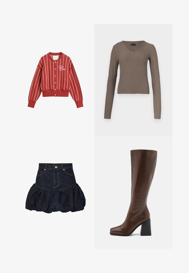 Rød cardigan med knapper og hvide lodrette striber, ribkant ved ærmer og bund, sidelommer og hvidt broderet mærkelogo på brystet.; Langærmet, ribstrikket top i en dæmpet brun farve. V-udskæring med en tætsiddende silhuet. Blød tekstur, velegnet til lag-på-lag. Minimalistisk stil.; Mørk denim nederdel med en tætsiddende talje og en samlet, puflet nederste del med flæser. Har forlommer og knaplukning i metal.; RAID RENZO - Høje støvler/ Støvler - brown