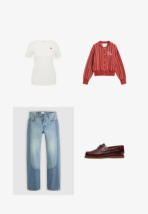 Cardigan rouge boutonné avec des rayures verticales blanches, des poignets et un ourlet côtelés, des poches latérales et un logo de marque blanc brodé sur la poitrine.; T-shirt en coton blanc à manches courtes, avec un col rond, présentant un petit cœur rouge brodé sur la partie gauche de la poitrine.; Jean en denim bleu clair avec une coupe droite et ample, présentant des détails de panneaux contrastants et un design à cinq poches. Fermeture à bouton.; Chaussure bateau en cuir marron avec lacets, détails de couture et logo Timberland sur le côté, présentée sur un fond blanc.