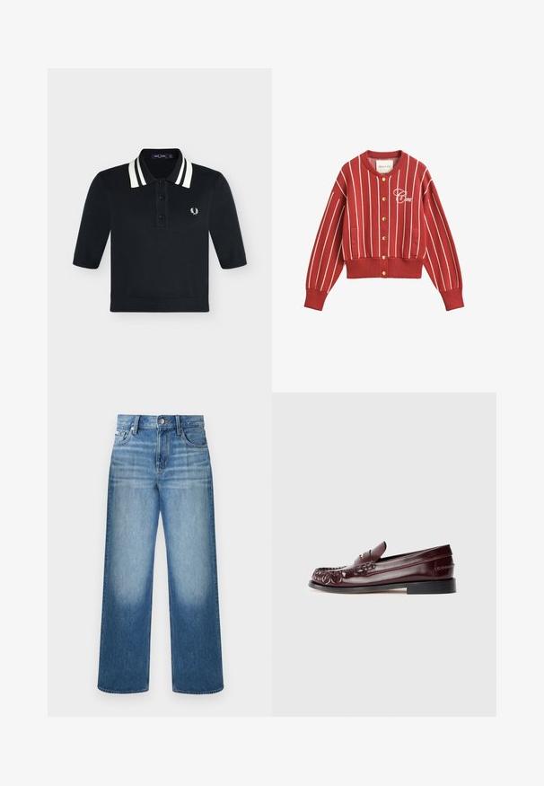 Cardigan rouge boutonné avec des rayures verticales blanches, des poignets et un ourlet côtelés, des poches latérales et un logo de marque blanc brodé sur la poitrine.; Polo noir à manches courtes avec double rayures blanches sur le col et petit logo laurier blanc sur la poitrine gauche.; Jean denim bleu à jambes droites avec fermeture à boutons et glissière, design à cinq poches et délavage sur les cuisses et les genoux.; Mocassin penny en cuir bordeaux avec semelle noire et détail en métal doré sur le dessus, présenté en vue latérale sur fond blanc.