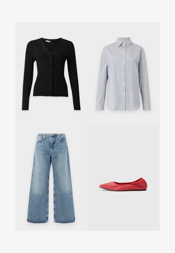 Sort ribbet cardigan med lange ærmer, V-hals og fem stofbetrukne knapper foran.; Langærmet lysegrå skjorte med tynde, lodrette hvide striber, knappet front, spids krave og matchende manchetter på ensfarvet baggrund.; Lysblå denimwide-leg jeans med høj talje, traditionelt fem-lomme design, synlige sømme og en rå kant.; Filippa K REY FLATS - Ballerinasko - bright red