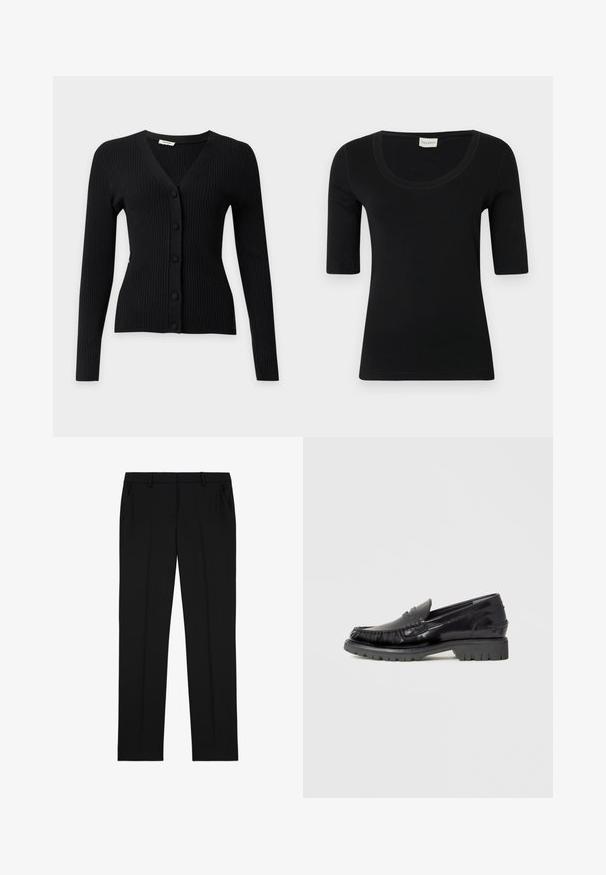 Cardigan noir côtelé à manches longues avec col en V et cinq boutons recouverts de tissu à l'avant.; T-shirt noire à manches courtes et col rond en tissu lisse, de coupe ajustée, sans motifs ni détails métalliques visibles.; Pantalons noirs sur mesure avec une texture lisse, présentant une taille plate, deux poches latérales et un design classique à jambe droite.; Mocassin en cuir noir avec dessus de style mocassin, détails à franges texturées, et semelle épaisse en caoutchouc noir. Finition lisse, bout arrondi.