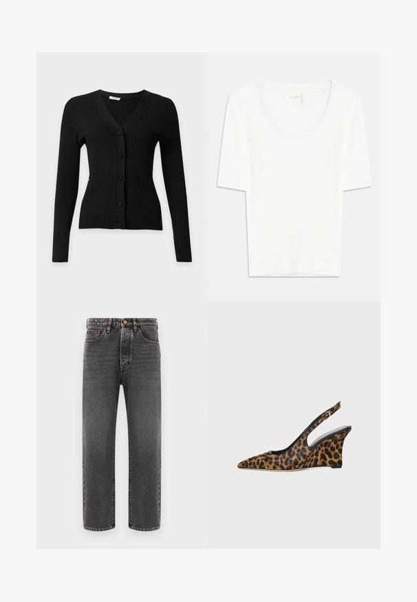 Schwarzer, gerippter Langarm-Cardigan mit V-Ausschnitt und fünf stoffbezogenen Knöpfen vorne.; Weißes T-Shirt mit kurzen Ärmeln und rundem Ausschnitt. Hergestellt aus weichem Baumwollstoff, bietet es einen lässigen Schnitt und ein minimalistisches Design.; Dunkelgraue Jeans aus Denim mit geradem Schnitt, fünf Taschen und sichtbaren Nähtelementen. Knopfverschluss hinten am Bund.; Keilschuh mit Leopardenmuster, spitzer Spitze und verstellbarem Knöchelriemen auf weißem Hintergrund.