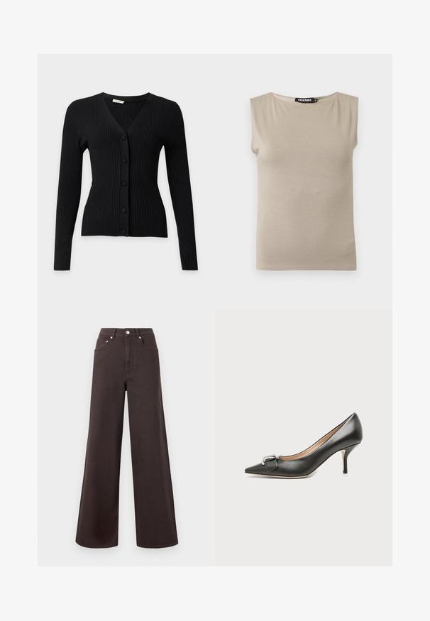 Cardigan noir côtelé à manches longues avec col en V et cinq boutons recouverts de tissu à l'avant.; Haut beige en coton sans manches avec larges bretelles et col rond, taille moyenne, posé à plat sur fond blanc.; Jean noir taille haute à jambes larges avec cinq poches et fermeture par boutons, présenté sur un fond gris clair uni.; Chaussure à talon haut en cuir noir à bout pointu avec talon aiguille de hauteur moyenne et détail de boucle argentée à l’avant, présentée sur fond clair uni.