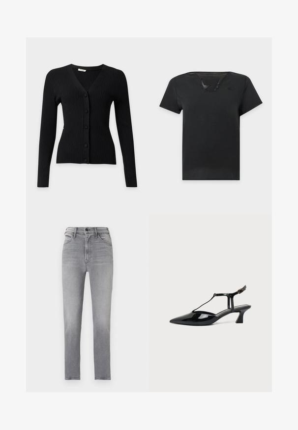 Cardigan noir côtelé à manches longues avec col en V et cinq boutons recouverts de tissu à l'avant.; T-shirt noir à manches courtes avec une petite ouverture en V comportant trois boutons sur le côté droit du col.; Jean gris taille haute coupe slim avec bouton à l'avant, fermeture éclair et design à cinq poches, présenté sur un fond uni.; Chaussure slingback en cuir verni noir à bout pointu avec bride en T et petit talon bloc incliné sur fond blanc.