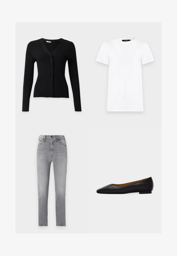 Cardigan noir côtelé à manches longues avec col en V et cinq boutons recouverts de tissu à l'avant.; T-shirt blanc uni à manches courtes, col rond, coupe droite avec une petite étiquette noire à l'intérieur du col.; Jean gris taille haute coupe slim avec bouton à l'avant, fermeture éclair et design à cinq poches, présenté sur un fond uni.; Chaussure plate en cuir noir à bout pointu avec talon bas et finition lisse, vue de côté sur un fond gris clair.