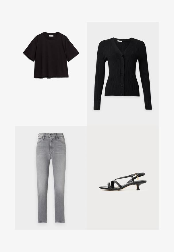 Zwart geribd vest met lange mouwen, V-hals en vijf met stof beklede knopen aan de voorkant.; Zwart katoenen crop t-shirt met een ronde hals en korte mouwen. Heeft een relaxte pasvorm en een eenvoudig, onopgesmukt ontwerp.; Slim-fit hoog uitgesneden grijze jeans met knoopsluiting aan de voorkant, ritssluiting en ontwerp met vijf zakken, afgebeeld tegen een effen achtergrond.; Zwarte leren sandaal met smalle bandjes, lage kittenhak, enkelriempje en een klein gouden hangertje tegen een effen lichte achtergrond.