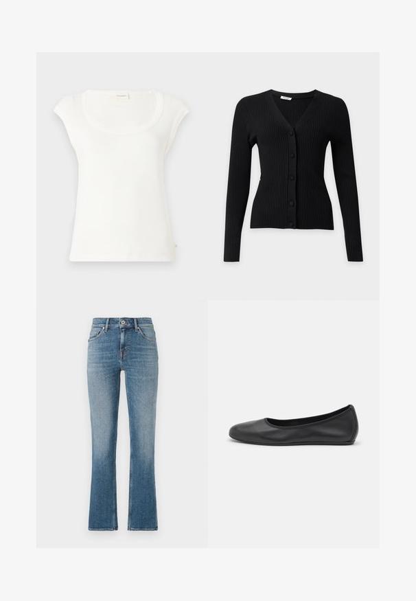 Sort ribbet cardigan med lange ærmer, V-hals og fem stofbetrukne knapper foran.; Hvid kortærmet t-shirt lavet af blød bomuld. Har en rund halsudskæring og en afslappet pasform. Etiketter hængende på bagsiden.; Lys blå denim flared jeans med mid-rise talje, fem lommer, og kontrasterende syninger. Glat tekstur med en let falmning.; Sort læderballetsko med rund tå, glat tekstur, minimal syning og et fleksibelt såldesign.