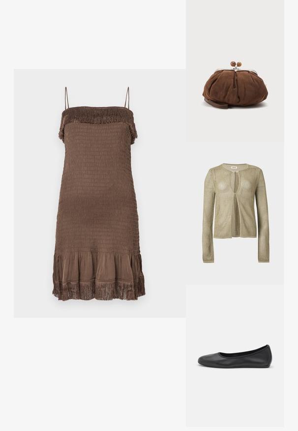 Cardigan beige en maille, manches longues, ouverture devant, avec un tissage léger en forme de filet et un col rond sur fond uni.; Robe marron sans manches avec une texture smockée, un bord supérieur effiloché et un volant évasé en bas. Fabriquée en tissu doux.; Ballerines en cuir noir avec un bout rond, texture lisse, détails de couture minimalistes et design de semelle flexible.; Petit sac poignet en daim marron doux avec cadre en métal argenté et boules rondes marron de fermeture sur fond clair uni.