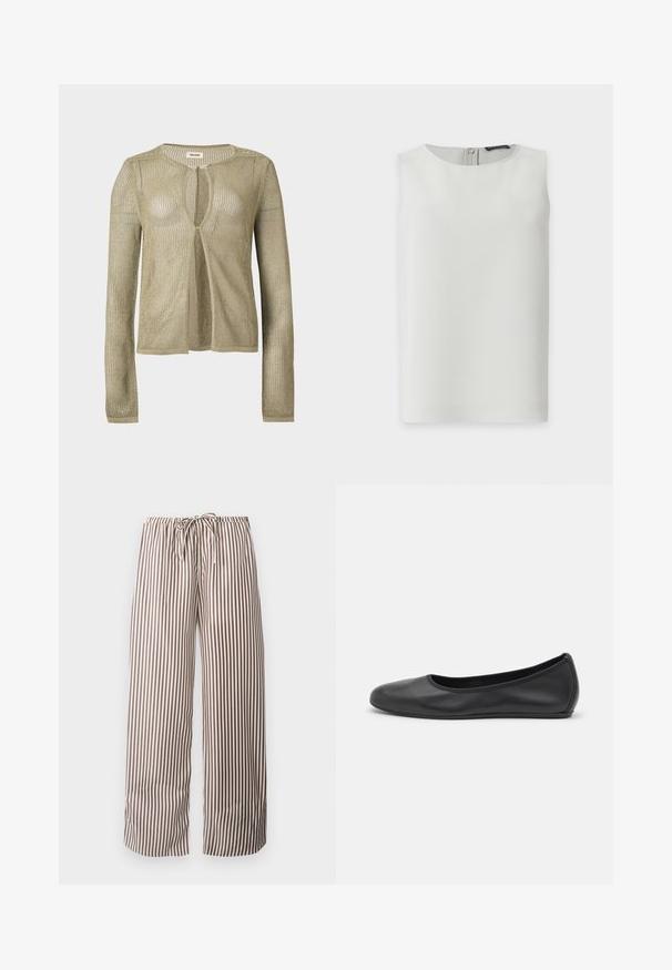 Cardigan beige en maille, manches longues, ouverture devant, avec un tissage léger en forme de filet et un col rond sur fond uni.; Blouse blanche sans manches avec encolure ronde et fermeture éclair visible dans le dos, présentée sur fond blanc uni.; Pantalon large à rayures verticales marron et blanches, avec taille élastique et cordon à l'avant.; Ballerines en cuir noir avec un bout rond, texture lisse, détails de couture minimalistes et design de semelle flexible.