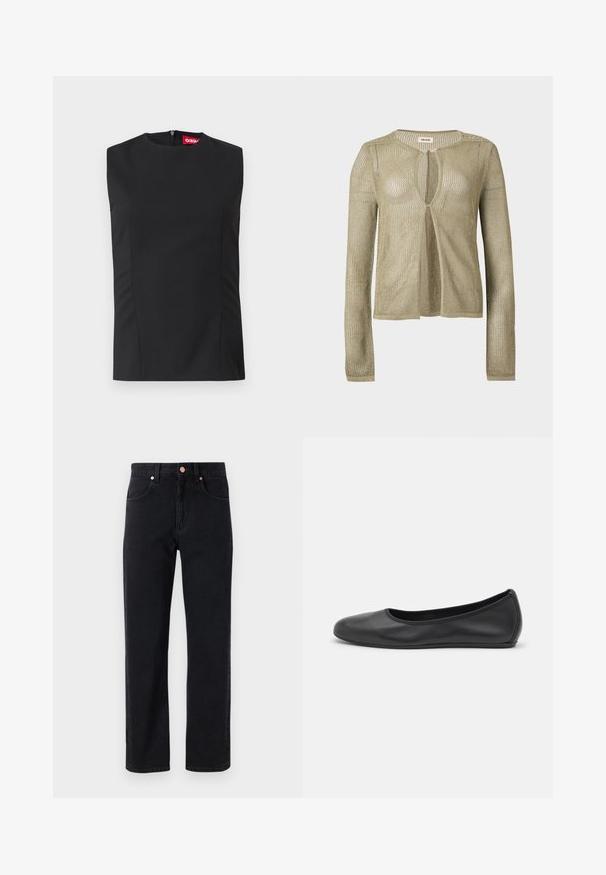 Beige gebreid vest met lange mouwen, open voorkant, losse, gaasachtige weving en een ronde halslijn op een effen achtergrond.; Zwart mouwloos topje met hoge hals, voorste naden en een onzichtbare rits aan de achterkant. Gemaakt van gladde stof met een gestructureerde pasvorm.; Zwarte denim jeans met een recht model, vijf-pocket ontwerp, koperen knoopdetails en minimale zichtbare stiksels.; Zwarte leren ballerina met een ronde neus, gladde textuur, minimale stikdetails en een flexibele zoolontwerp.